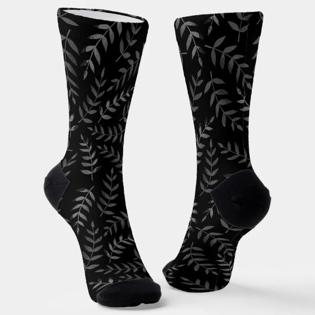 Grey leaves pattern on black socks (Angled)