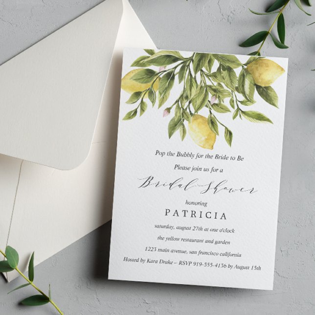 Grey | Lemons and Foliage Wedding Bridal Shower Invitation (Creator Uploaded)