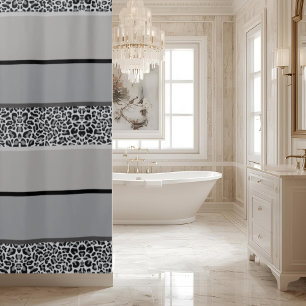 Grey Leopard Print Ombre Striped Shower Curtain