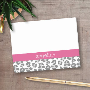 Grey Leopard Print Pattern with Pink Name Post-it Notes