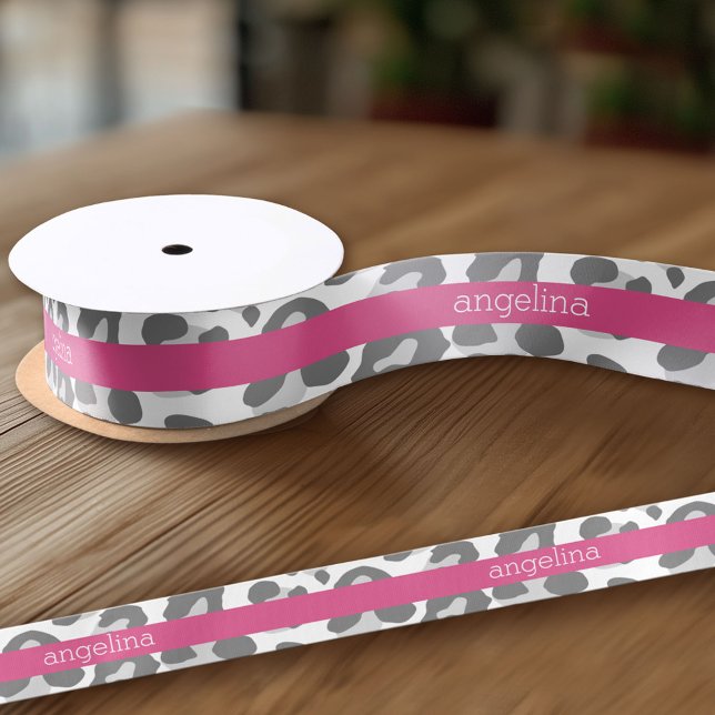 Grey Leopard Print Pattern with Pink Name Satin Ribbon (Custom Ribbon - add your personalized text)