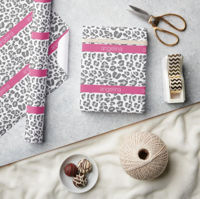 Grey Leopard Print Pattern with Pink Name Wrapping Paper (Crafts)