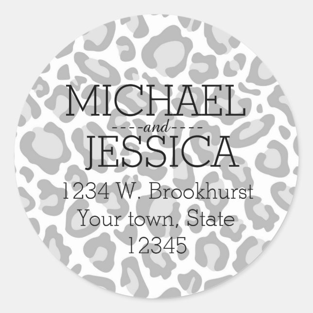 Grey Leopard print Personalised address Classic Round Sticker (Front)