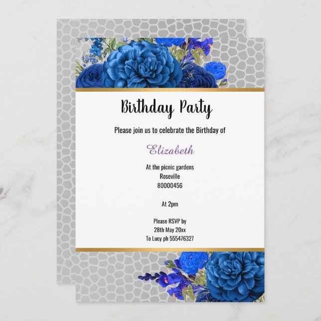 GREY LEOPARD ROYAL BLUE FLORAL  INVITATION (Front/Back)