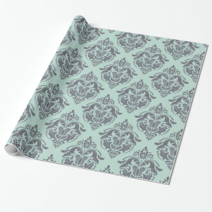 Grey & Light Green Floral Damasks Wrapping Paper