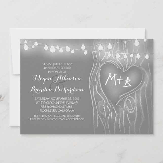 Grey lights tree romantic rehearsal dinner invitation (Front)