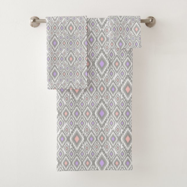 Grey, lilac, coral, diamonds on a white bath towel set (Insitu)