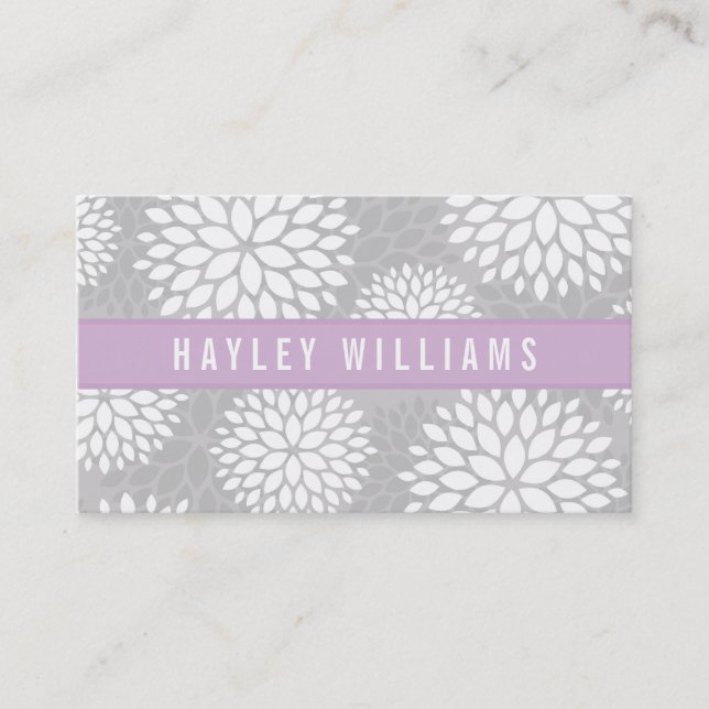 Grey & Lilac Purple Modern Floral Business Card (Front)