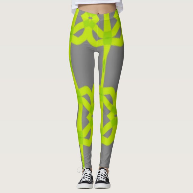 Grey Lime Green Abstract Stretch Pants Leggings (Front)