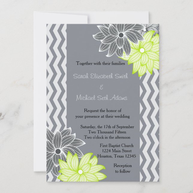 Grey Lime Green Chevron Floral Wedding Invitation (Front)