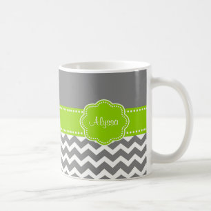 Grey Lime Green Chevron Personalised Mug