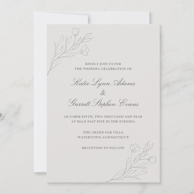 Grey Line Art Flowers Elegant Wedding Invitation (Front)