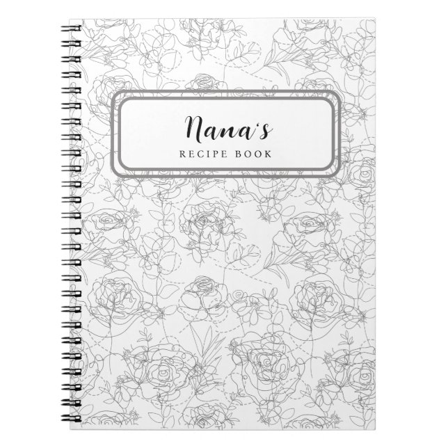 Grey Line Flowers Floral Patterns Recipe Book (Front)