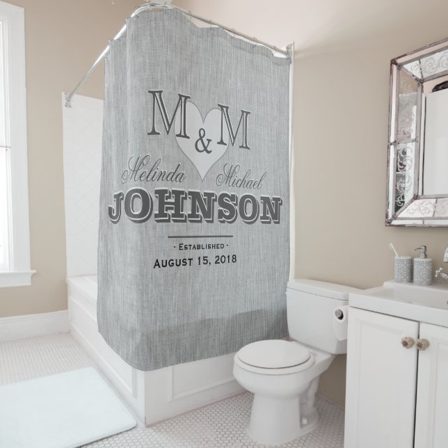 Grey Linen and Heart Monogram Wedding Shower Curtain (In Situ)