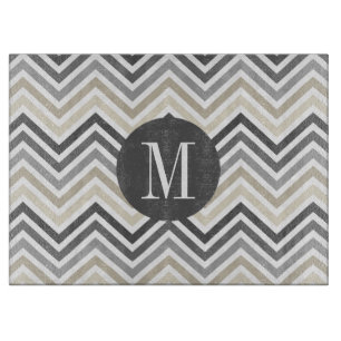 Grey & Linen Beige Chevron Pattern with Monogram Cutting Board