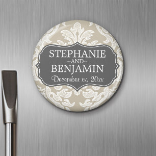Grey & Linen Beige Damask Pattern Wedding Favour Magnet