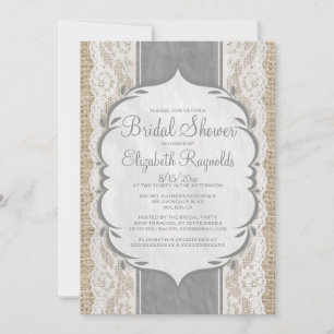Grey Linen Burlap & Lace Bridal Shower Invitations