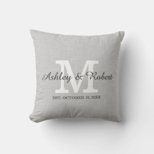 Grey Linen Coal White Monogram Wedding Keepsake Cushion