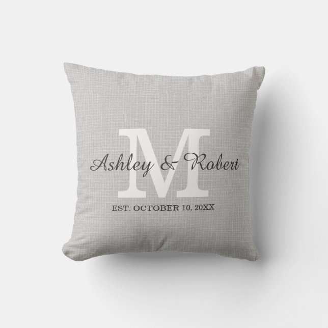 Grey Linen Coal White Monogram Wedding Keepsake Cushion (Front)