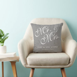 Grey Linen Initials Mr. and Mrs. Wedding Pillow