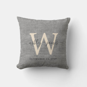 Grey Linen Ivory Monogram Wedding Keepsake Cushion