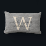 Grey Linen Ivory Monogram Wedding Keepsake Lumbar Cushion<br><div class="desc">Elegant wedding keepsake grey woven linen effect pillow with your text in dark grey chic handwritten script calligraphy. Simply add your names, monogram and wedding date. Great gift for a newlywed couple. Exclusively designed for you by Happy Dolphin Studio. If you need any help or matching products, please contact us...</div>