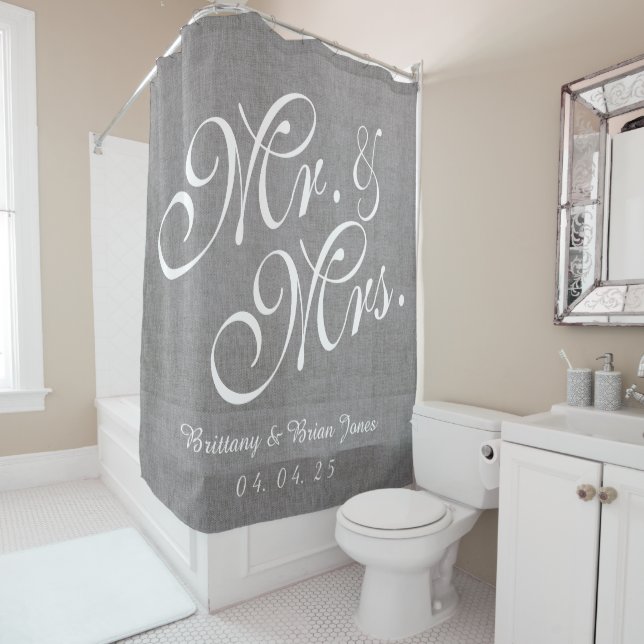 Grey Linen Look Mr. and Mrs. Names Date Wedding Shower Curtain (In Situ)