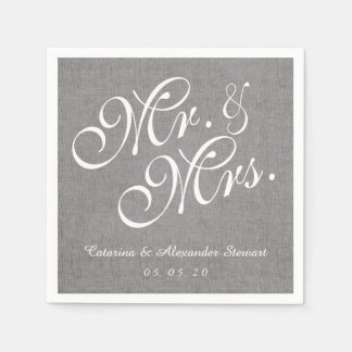 Grey Linen Mr. and Mrs. Wedding Paper Napkins