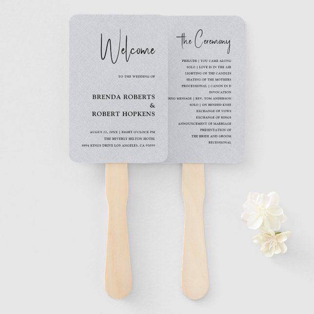 Grey Linen Simple Black Script Wedding Hand Fan (Front and Back)