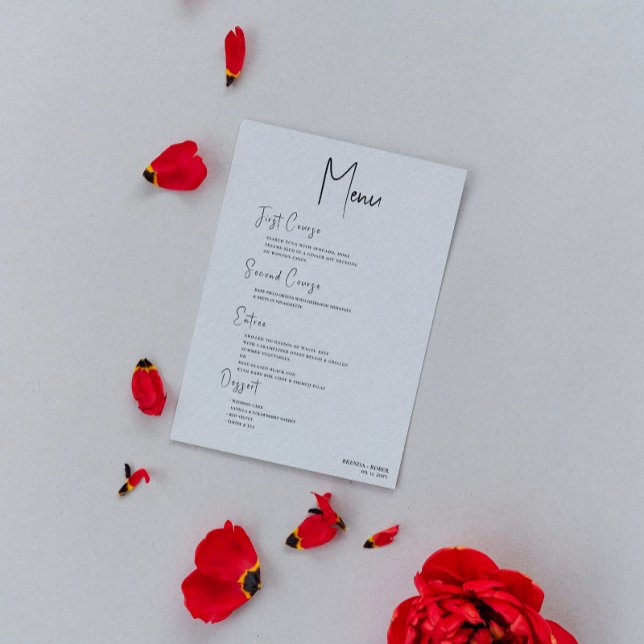 Grey Linen Simple Black Script Wedding Menu Invitation (Creator Uploaded)