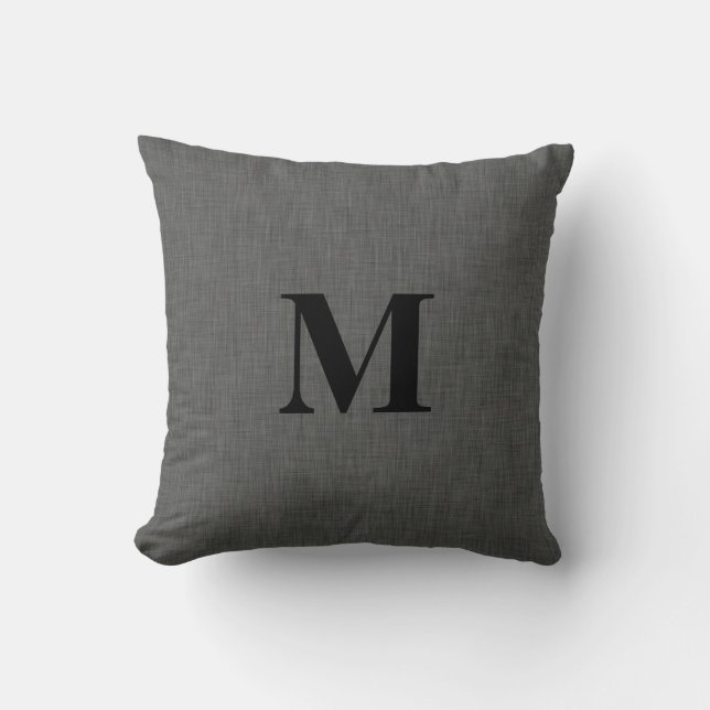 Grey linen texture monogram initial cushion (Front)