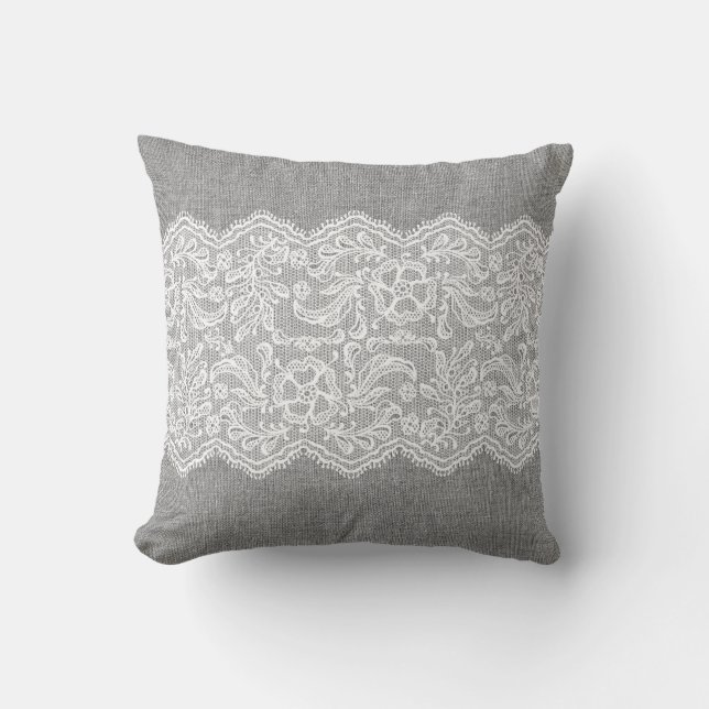 Grey Linen & Vintage White Lace Cushion (Front)