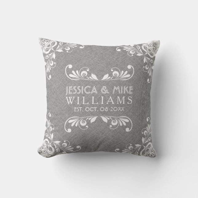 Grey Linen & White Floral Accents Wedding Design Cushion (Front)