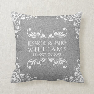 Grey Linen & White Floral Accents Wedding Design Cushion