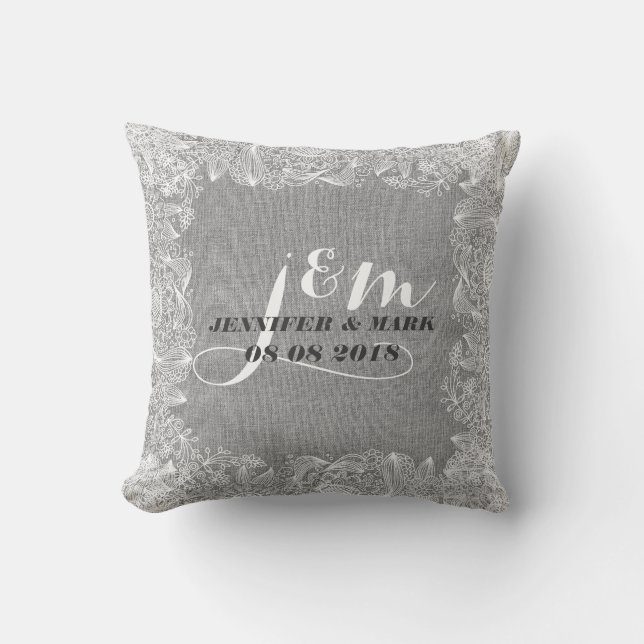 Grey Linen & White Lace 2 Wedding Pillow Monogram (Front)