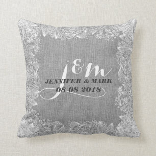 Grey Linen & White Lace 2 Wedding Pillow Monogram