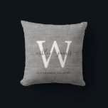 Grey Linen White Monogram Wedding Keepsake Cushion<br><div class="desc">Elegant wedding keepsake grey woven linen effect pillow with your text in dark grey chic handwritten script calligraphy. Simply add your names, monogram and wedding date. Great gift for a newlywed couple. Exclusively designed for you by Happy Dolphin Studio. If you need any help or matching products, please contact us...</div>