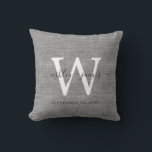 Grey Linen White Monogram Wedding Keepsake Cushion<br><div class="desc">Elegant wedding keepsake grey woven linen effect pillow with your text in dark grey chic handwritten script calligraphy. Simply add your names, monogram and wedding date. Great gift for a newlywed couple. Exclusively designed for you by Happy Dolphin Studio. If you need any help or matching products, please contact us...</div>
