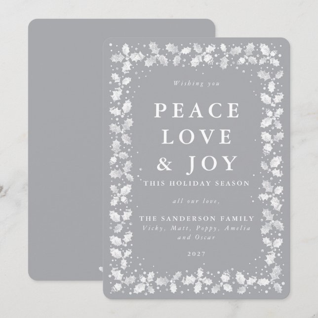 Grey Lino Print Holly Leaves Border Flat Non Photo Holiday Card (Front/Back)