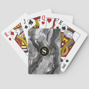 Grey Liquid Ink, Yellow Monogram Playing Cards