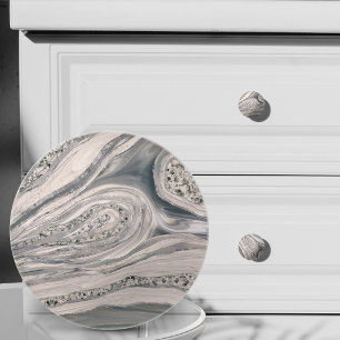 Grey liquid marble and crystal - pearl and silver ceramic knob