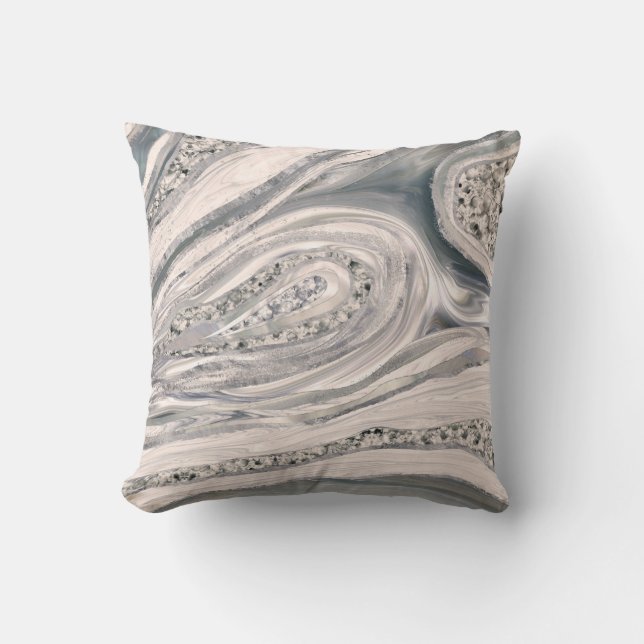 Grey liquid marble and crystal - pearl and silver cushion (Front)