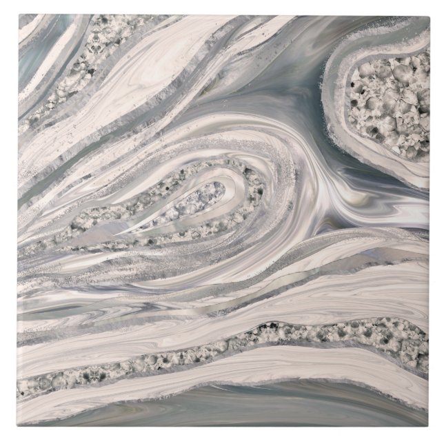 Grey liquid marble and crystal - pearl and silver tile (Front)