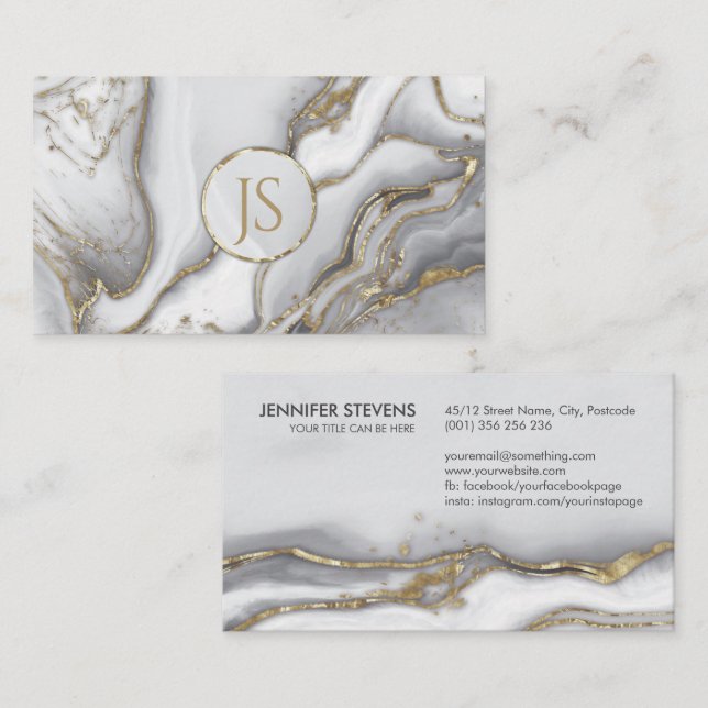 Grey liquid marble - pearl and gold monogram business card (Front/Back)