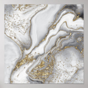 Grey liquid marble - pearl and gold poster