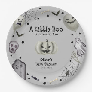 Grey Little Boo Ghost Halloween Boy Baby Shower  Paper Plate