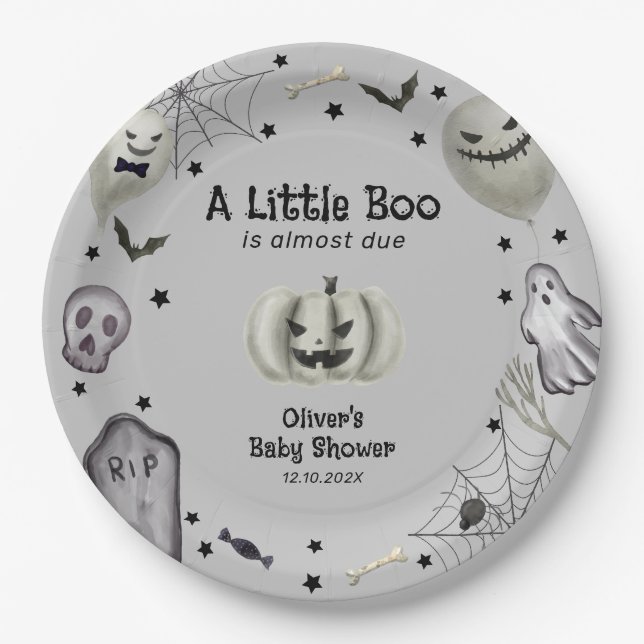 Grey Little Boo Ghost Halloween Boy Baby Shower  Paper Plate (Front)