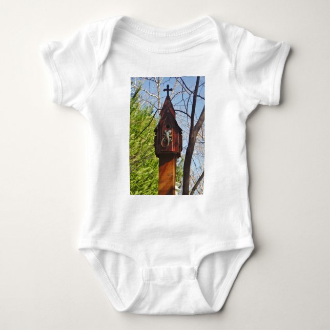 grey lizard on worn wood baby bodysuit (Front)