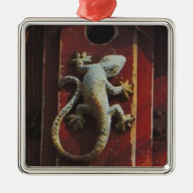 grey lizard on worn wood metal tree decoration (Front)