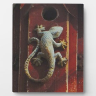 grey lizard on worn wood plaque